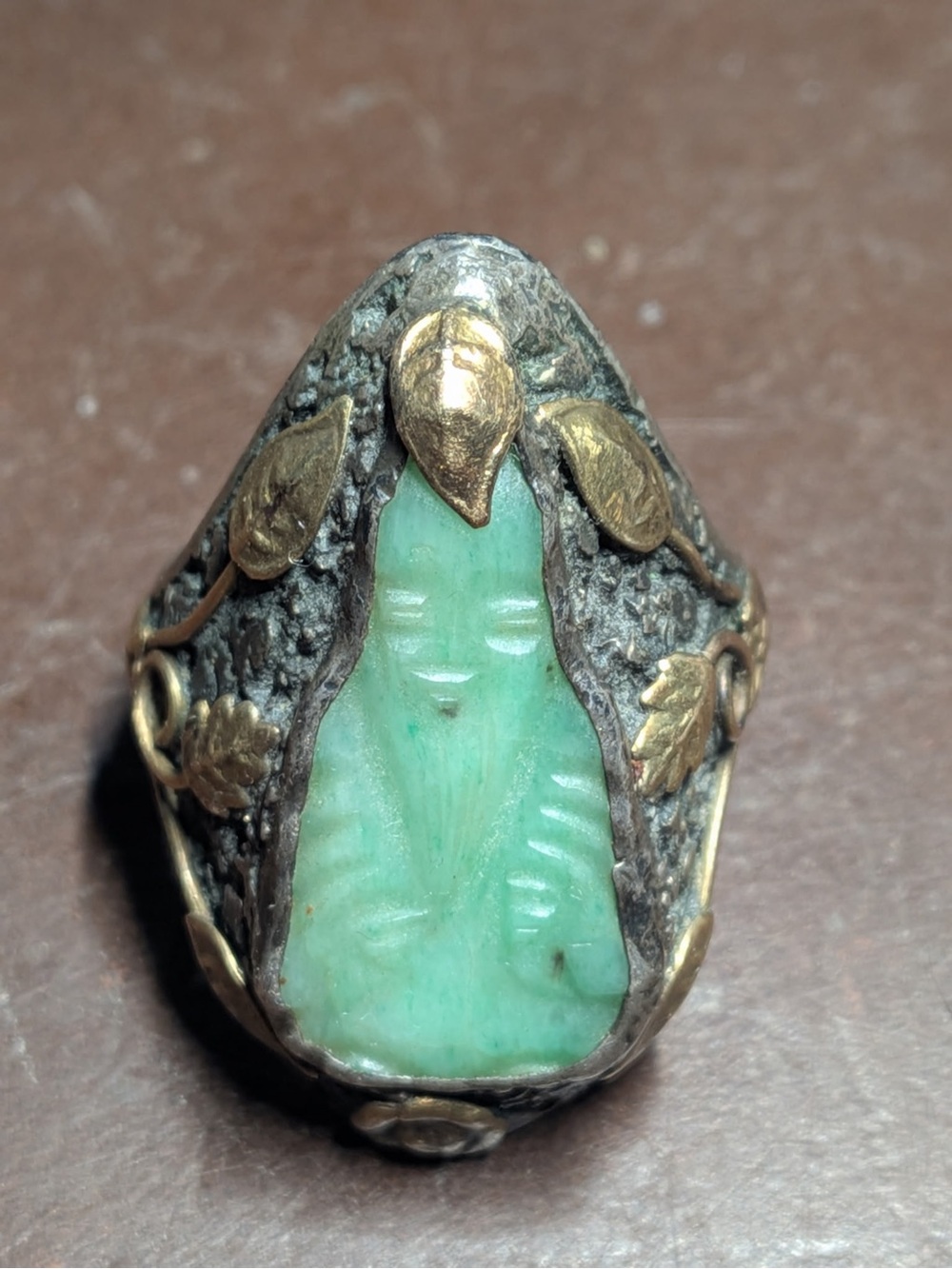 Vintage Sterling Silver Carved Green Stone Unisex Ring Size 7 - 8